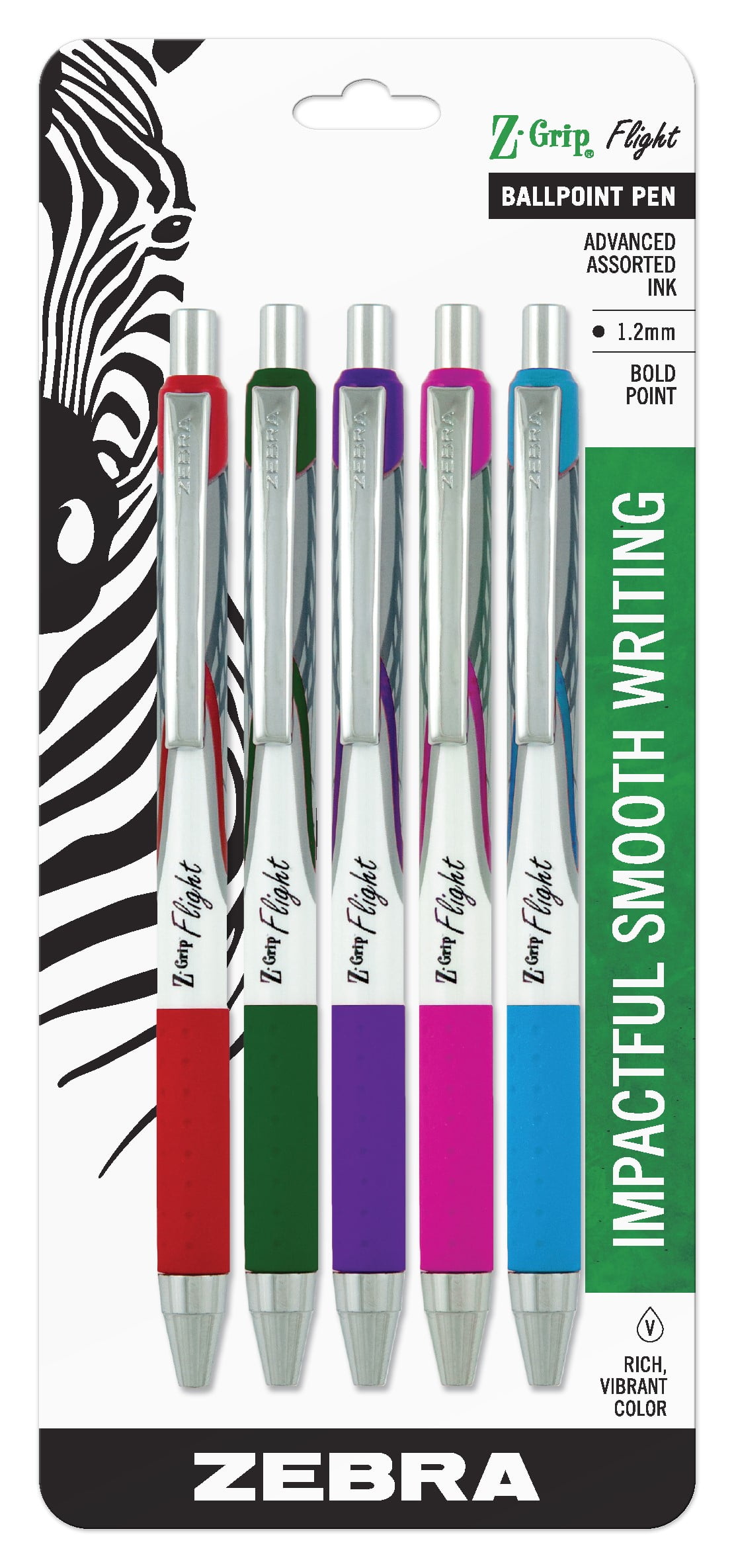 Zebra Z-Grip Flight Retractable Ballpoint Pen, Bold Point, 1.2mm, Assorted Ink, 5-Count