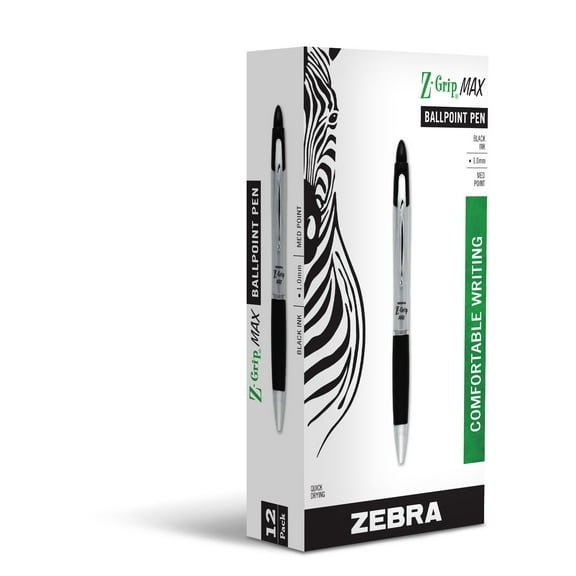 Zebra Pen Z-Grip Max Retractable Ballpoint Pens, Medium Point, 1.0 mm, Silver Barrel, Black Ink, Pack Of 12