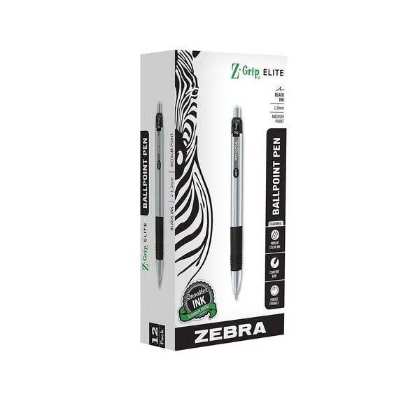 Zebra Z-Grip Elite Retractable Ballpoint Pen Medium Point Black Ink Dozen (27010)