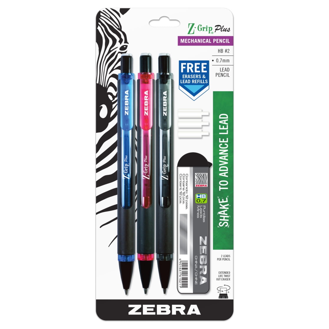 Zebra Z-Grip Plus Mechanical Pencil, 0.7mm, Bonus Lead & Erasers