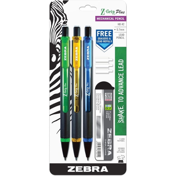 Z-Grip Plus Mechanical Pencil, 0.7mm, with Lead and Erasers, Assorted Barrel Colors, Green, Yellow, Blue, 3-Pack (55403)