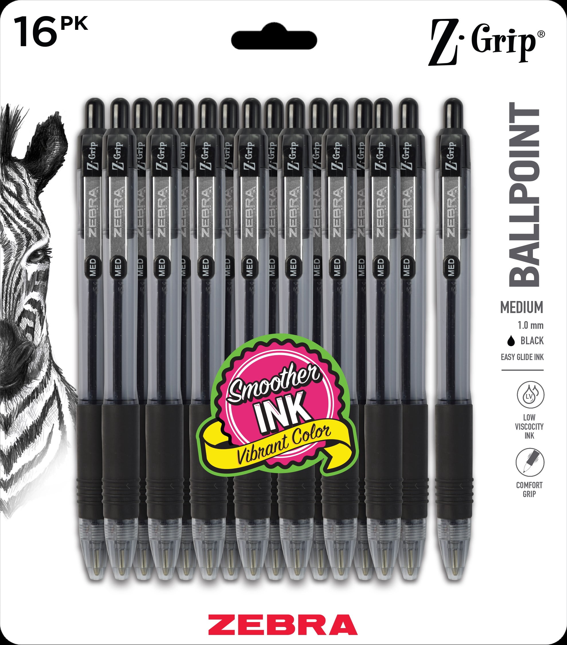 Zebra Pen Z-Grip Retractable Ballpoint Pens, 1.0mm Medium Point, Black Ink, 16 Count