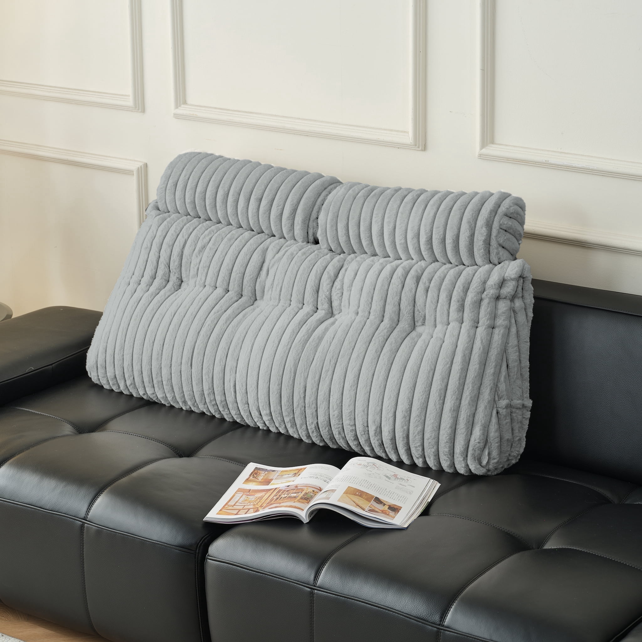 Z-Hom Full Faux Fur Large Backrest Wedge Pillow with Side Pockets, Triangular Headboard Pillow Bed Rest Reading Pillow with 2 Neck Roll Pillow(Gray, 54"x20"x8")