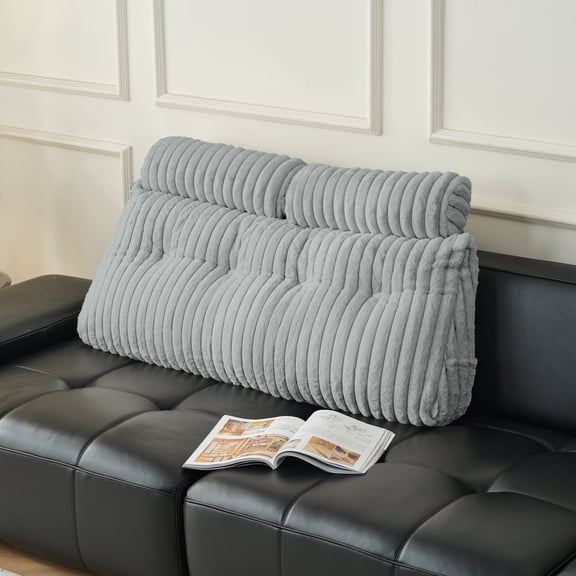 Z-Hom Full Faux Fur Large Backrest Wedge Pillow with Side Pockets, Triangular Headboard Pillow Bed Rest Reading Pillow with 2 Neck Roll Pillow(Gray, 54"x20"x8")
