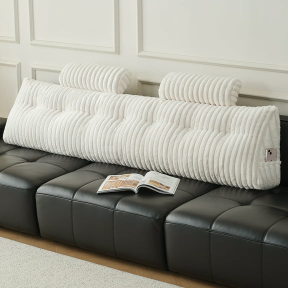 Z-Hom Full Faux Fur Large Backrest Wedge Pillow with Side Pockets, Triangular Headboard Pillow Bed Rest Reading Pillow with 2 Neck Roll Pillow(White, Full: 54"*20"*8")