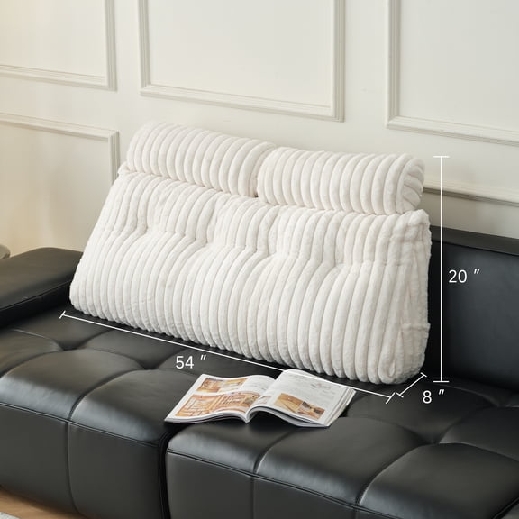 Z-Hom Full Faux Fur Large Backrest Wedge Pillow with Side Pockets, Triangular Headboard Pillow Bed Rest Reading Pillow with 2 Neck Roll Pillow(White, Full: 54"*20"*8")
