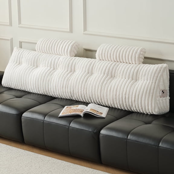 Z-Hom Full Faux Fur Large Backrest Wedge Pillow with Side Pockets, Triangular Headboard Pillow Bed Rest Reading Pillow with 2 Neck Roll Pillow(White, Full: 54"*20"*8")