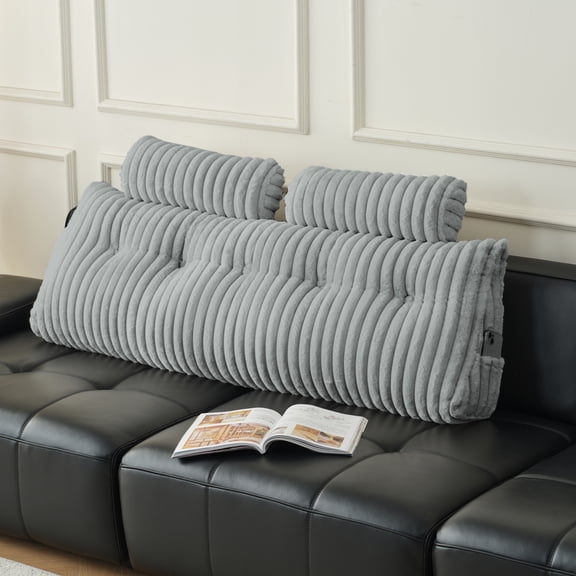 Z-Hom Queen Headboard Pillow with 2 Neck Roll Pillows, Faux Fur Triangle Backrest Pillows for Reading Sleeping, Large Bolster for Sitting in Bed with Washable Cover(Gray, 60"x20"x8")