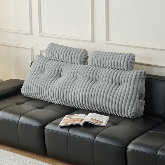 Z-Hom Queen Faux Fur Large Backrest Wedge Pillow with Side Pockets, Triangular Headboard Pillow Bed Rest Reading Pillow with 2 Neck Roll Pillow(Light Gray, Queen: 60"*20"*8")