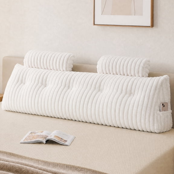 Z-Hom Queen Faux Fur Large Backrest Wedge Pillow with Side Pockets, Triangular Headboard Pillow Bed Rest Reading Pillow with 2 Neck Roll Pillow(White, 60"x20"x8")