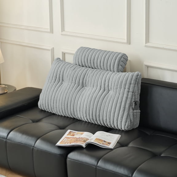 Z-Hom Twin Faux Fur Large Backrest Wedge Pillow with Side Pockets, Triangular Headboard Pillow Bed Rest Reading Pillow with a Neck Roll Pillow(Light Gray, Twin: 30"*20"*8")