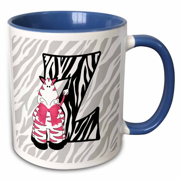 3drose, Z Is for Zebra in Pink for Girls Baby and Kids Monogram Z in Zebra Print, 15oz Two-tone Blue Mug