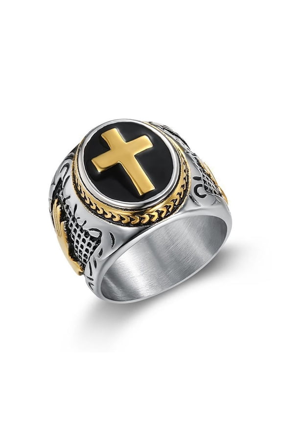 Gold Cross Ring with Praying Hands, Unique Statement Piece Size: 10