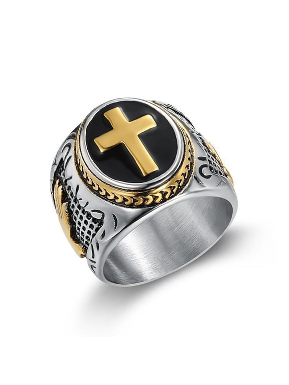 Gold Cross Ring with Praying Hands, Unique Statement Piece Size: 12