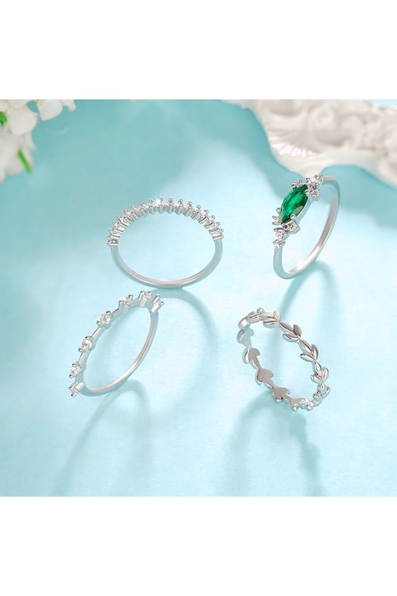 Jewelry 4 - Stackable Ring Set - Dainty Silver Plated Leaf & Stone Rings