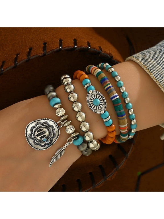 Bohemian Turquoise Beaded Bracelet Set, Handmade Stackable Western Cowgirl Jewelry for Women