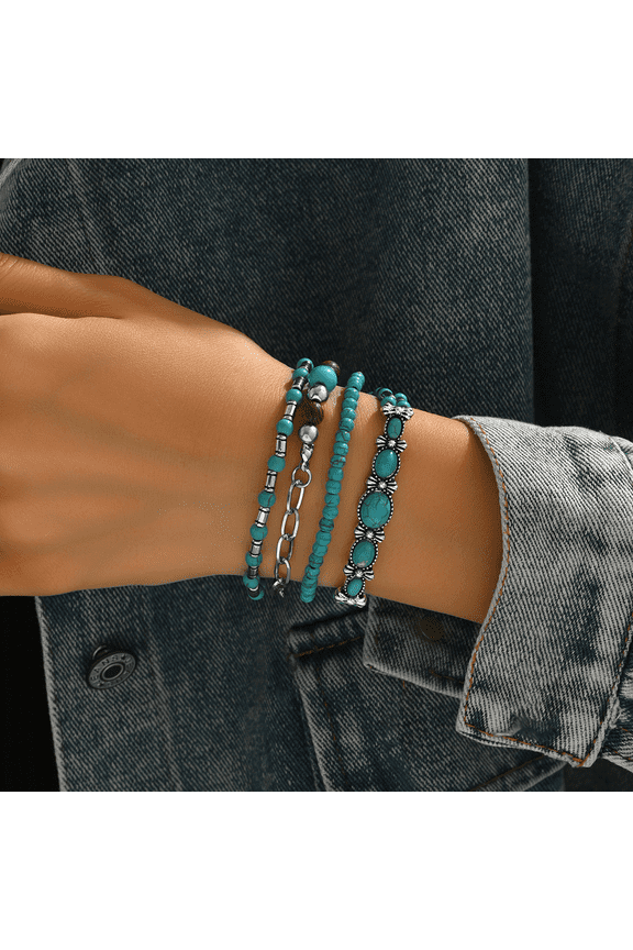 Jewelry Bohemian Turquoise Beaded Bracelet Set - Vintage Silver Charm Stackable Bracelets for Women