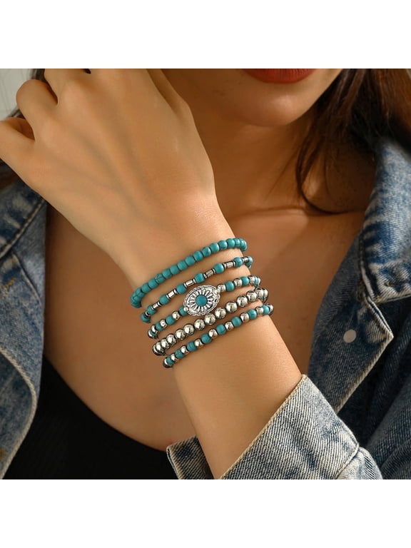 Bohemian Turquoise Beaded Bracelet Set, Handmade Stackable Western Cowgirl Jewelry for Women