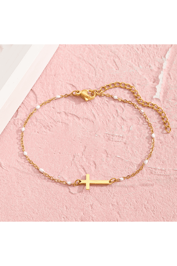 Jewelry Dainty Cross Charm Bracelet with Colorful Beads - Gold Chain Religious Bracelet for Women