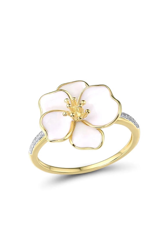 Jewelry Gold - Plated White Flower Ring with Crystal Accents - Elegant Floral Statement Ring