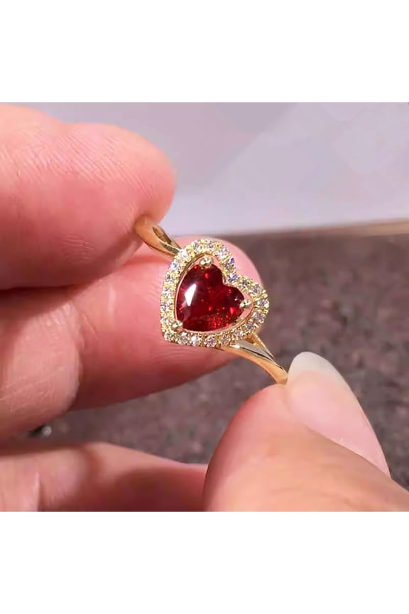 Jewelry Heart - Shaped Red Gem Ring with Diamond - Gold - Plated Love Symbol Ring