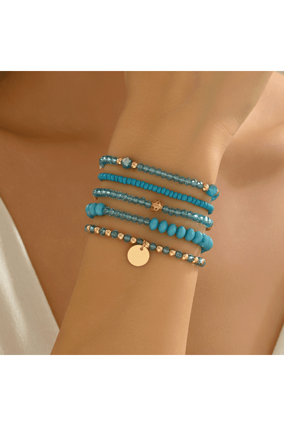Jewelry Multicolor Beaded Stackable Bracelet Set - Adjustable Elastic String Bracelets with Gold Disc Charm
