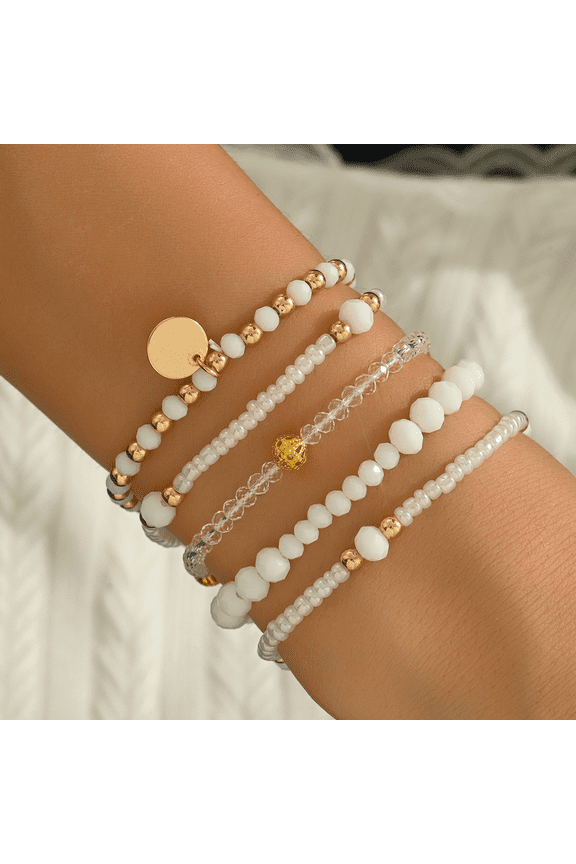 Jewelry Multicolor Beaded Stackable Bracelet Set - Adjustable Elastic String Bracelets with Gold Disc Charm