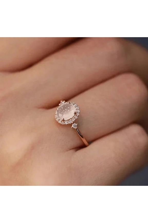 Jewelry Rose Gold Plated Oval Moonstone - Ring with Crystal Halo