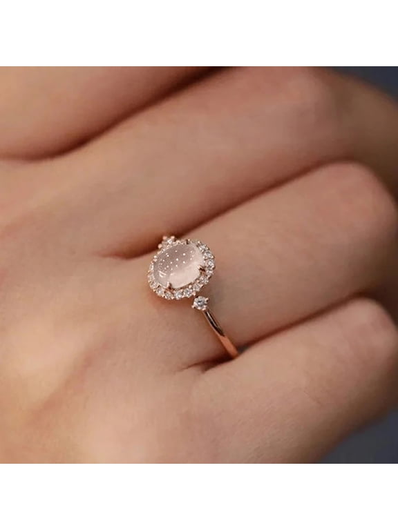Jewelry Rose Gold Plated Oval Moonstone - Ring with Crystal Halo