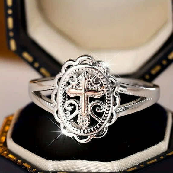 Z.LP Jewelry Vintage Filigree Cross Ring - Two - Tone Silver & Rose Gold Religious Ring