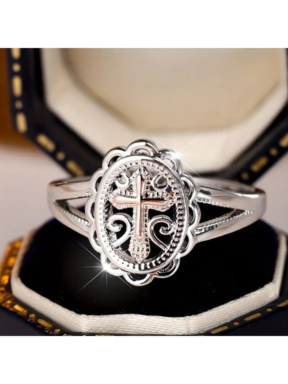 Jewelry Vintage Filigree Cross Ring - Two - Tone Silver & Rose Gold Religious Ring
