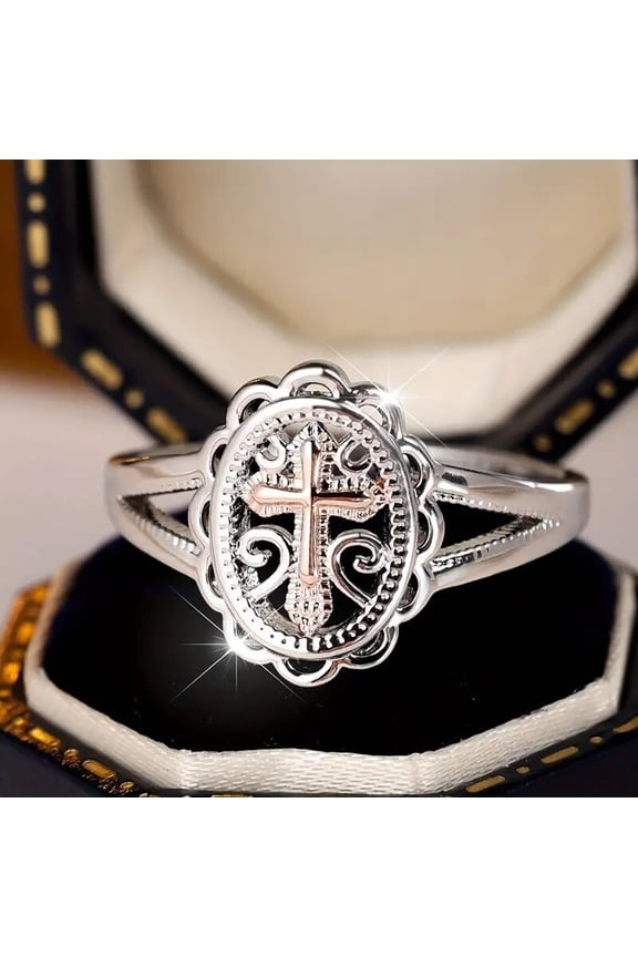 Jewelry Vintage Filigree Cross Ring - Two - Tone Silver & Rose Gold Religious Ring