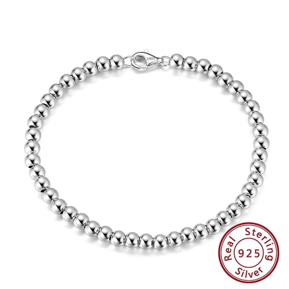 AQYYI 925 Sterling Silver Italian Handmade 4mm Bead Ball Strand Chain Bracelet for Women 6.5, 7, 7.5, 8 Inch Made in Italy (7 Inches)