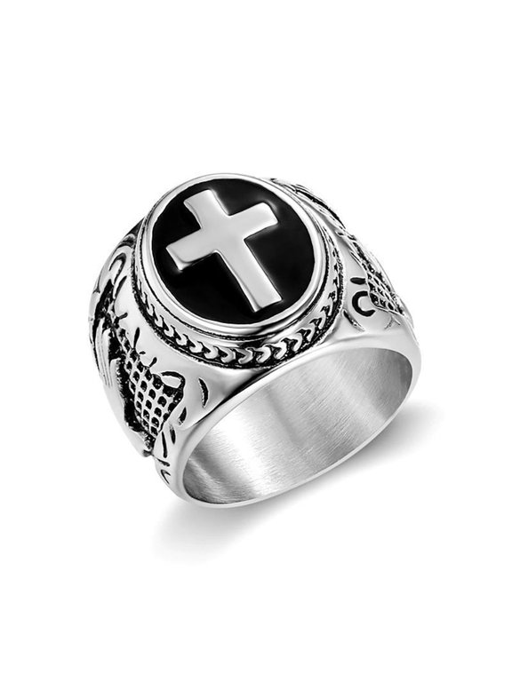 Silver Cross Ring with Praying Hands, Unique Statement Piece Size: 7