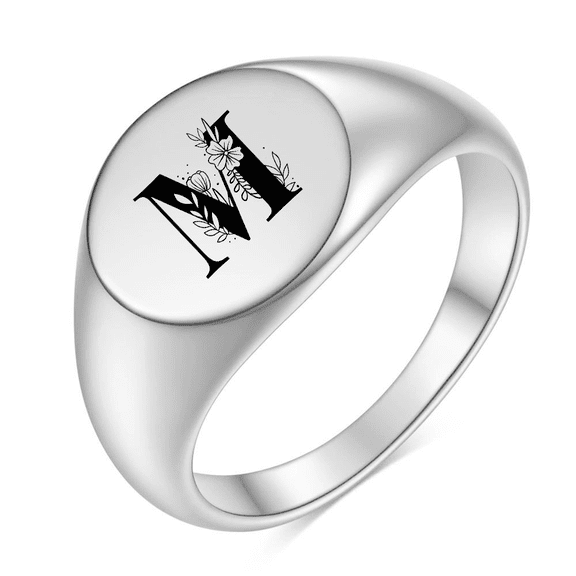 Z.LP Women's Personalized Floral Ring: Engraved Letter 'M' Signet Ring