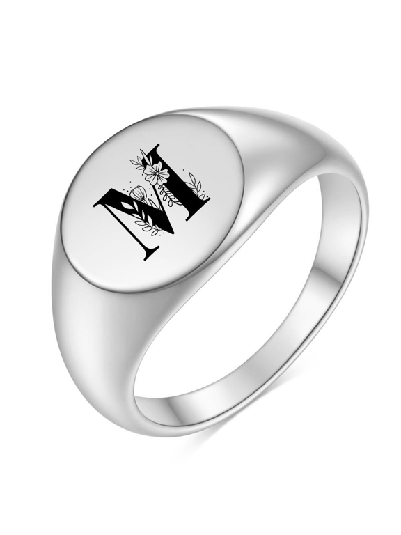 Women's Personalized Floral Ring: Engraved Letter 'M' Signet Ring