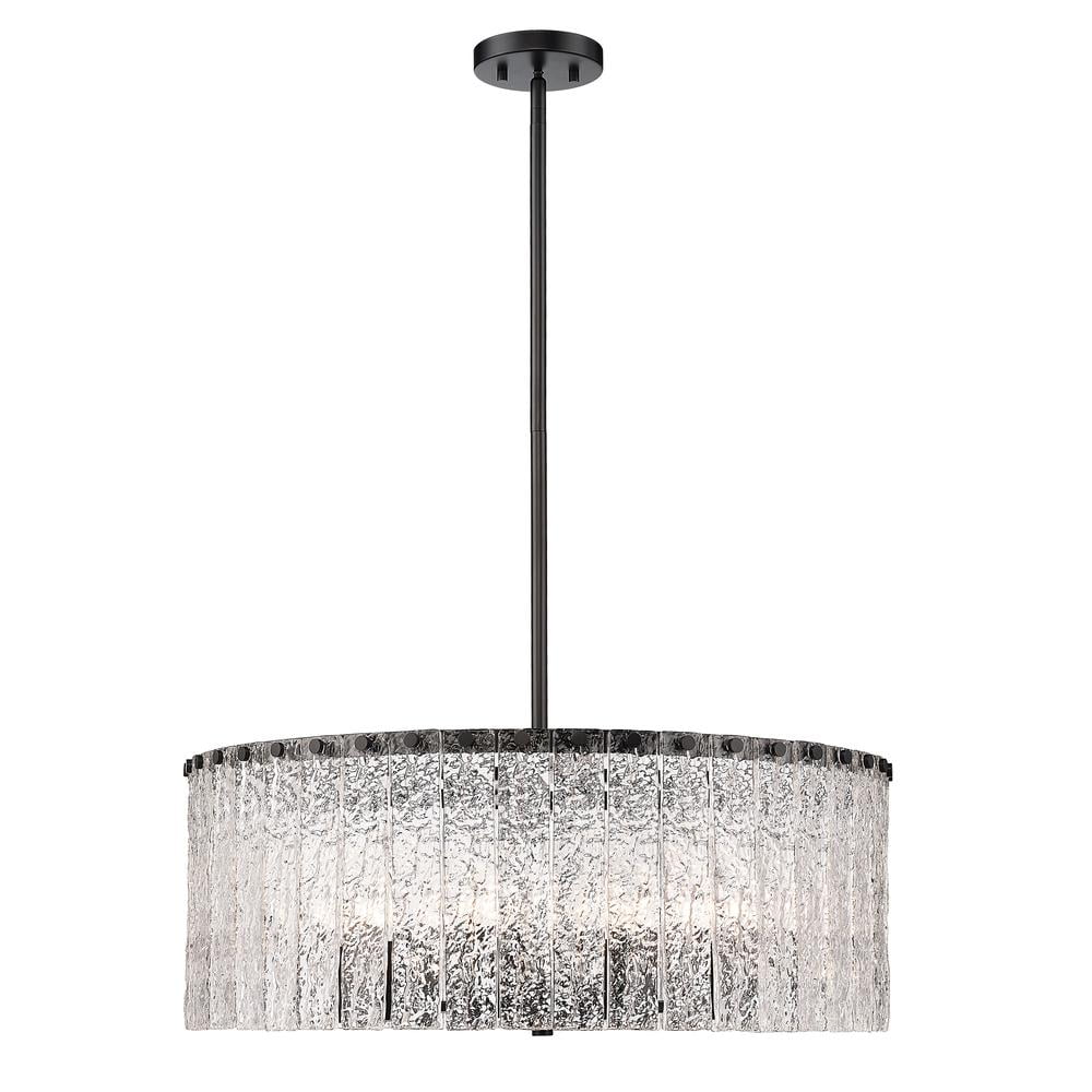 Glacier Matte Black 10-Light Drum Pendant with Textured Glass Panels