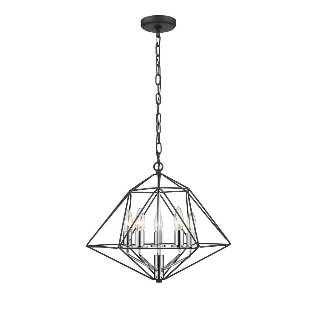 Chrome and Matte Black Geometric Cage 5-Light Chandelier