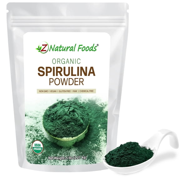 Z Natural Foods Organic Spirulina Powder - 100% Pure Spirulina, Nutrient-Dense Blue-Green Algae Superfood with Amino Acids, 15x Beta-Carotene - Mix in Smoothies, Yogurt, Recipes, 5 lbs