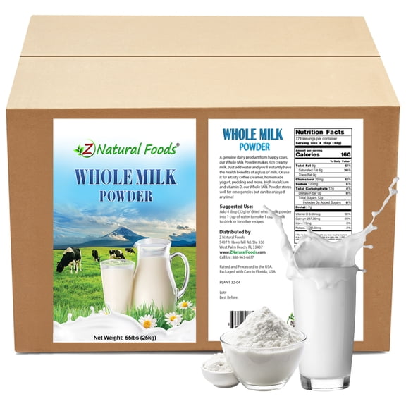 Z Natural Foods Premium Whole Milk Powder - Powdered Milk for Baking, Cooking, Drinks - Dry Milk Powder, Pasteurized, Non-GMO, Gluten-Free, Kosher-Certified, 55 lbs