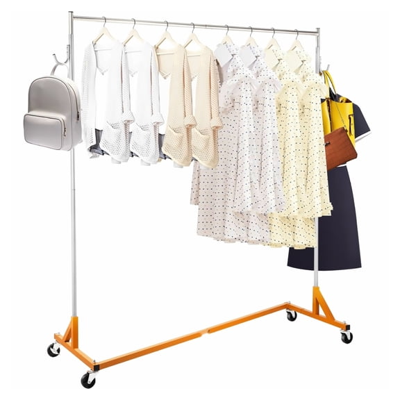 Z Rack Rolling Garment Rack, Industrial Z Base Clothing Rack, Height Adjustable Steel Garment Display Rack with Lockable Casters for Home & Commercial Use - Orange