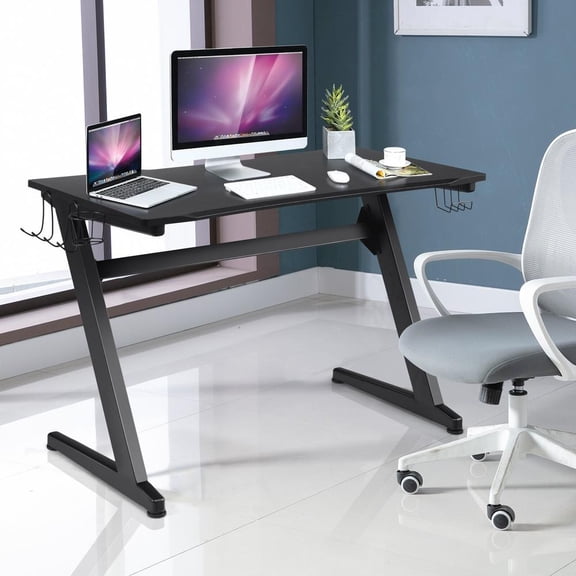 Z-Shape Gaming Desk with Carbon Fiber Surface, Cup Holder, Headphone Hook, Controller Stand and Large Mouse Pad for Home Office E-Sports