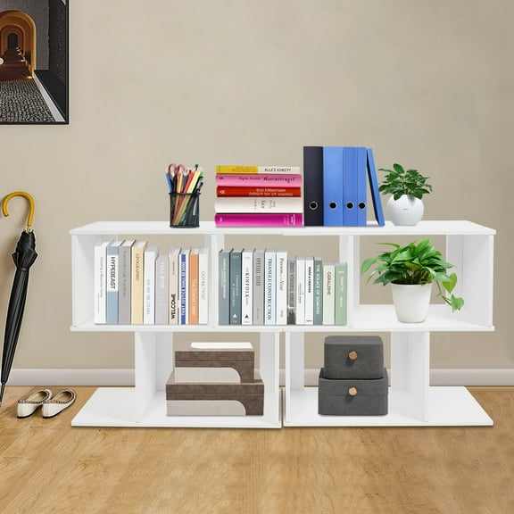 Z Shaped 2 Tier Geometric Bookshelf, Freestanding Display Shelf, Modern Wood Open Bookcase, 24.4" Tall White Storage Organizer, Small Bookshelf for Living Room, Bedroom, Office