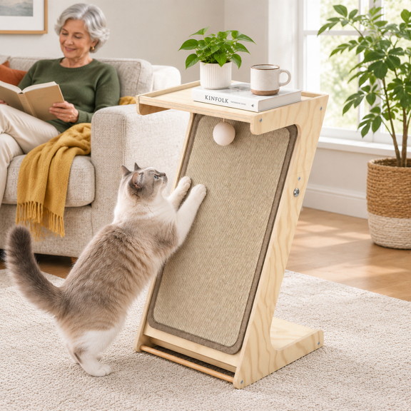 Z-Shaped Cat Scratcher Side Table, Pine Wood Frame with Sisal Surface for Couch Protection