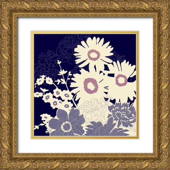 Z Studio 26x26 Gold Ornate Wood Framed with Double Matting Museum Art Print Titled - Sihouetted Florals Blue