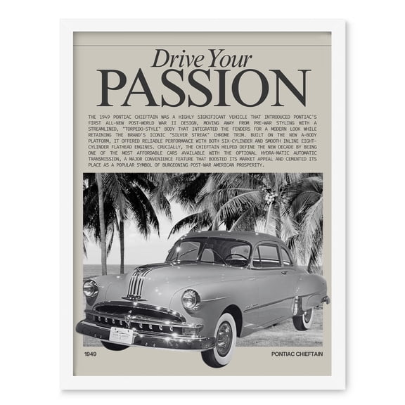 Z Studio Vintage Car Pontiac Poster Man Cave Wall Decor Iconic Old Automobile Wall Art Print Classic Car Lover Dorm Room Wall Decor Teen Boy Room Decor 12 x 16 Inch WHITE FRAMED