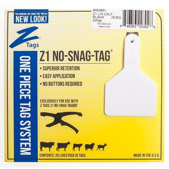 Z Tag Blank Calf ID tag, White, long neck, 25/pack