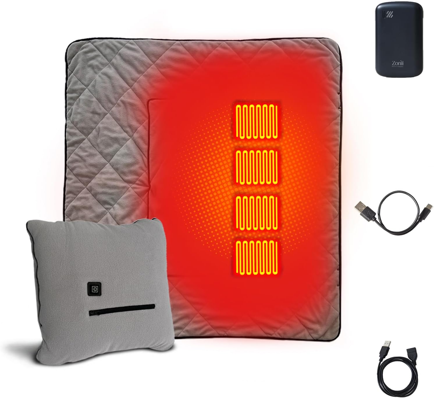 Z Walk 50 x 60 USB Heated Blanket Heated Blanket Battery Operated Portable Heated Blanket with 5K mAh Power Bank 3 Heating Levels includes USB Extension Cord Machine Washable Gray Walmart