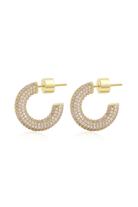 É 14K Gold Plated Pave Shiny Cubic Zirconia Chunky Hoop Earrings C-Shaped Stud Earrings for Women