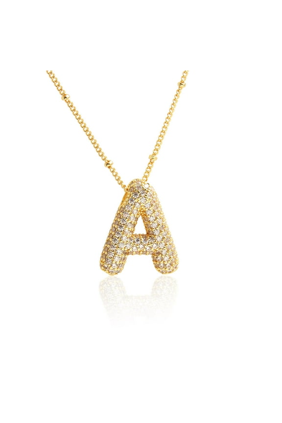 É Gold A-Z Bubble Letter Necklace 18K Gold Plated -- Dainty Cubic Zirconia Pendant, Balloon Initial Necklace for Women - Letter A